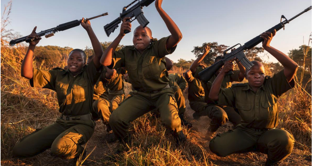The rangers train with rifles, though some conservationists argue that arming the women increases the threat of violence. Akashinga founder Damien Mander disagrees. “With the women, [the rifle] is more of a tool. With the men, it’s more of a toy,” he says.
PHOTOGRAPH BY BRENT STIRTON